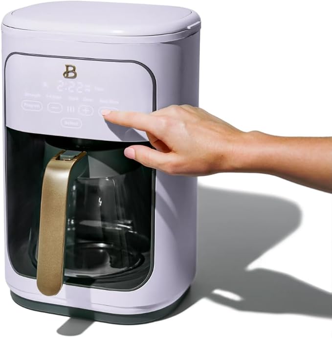 Beautiful by Drew Barrymore 14-Cup Programmable Drip Coffee Maker, Touch-Activated Display, Fast 14-Min Brew, Bold Strength, Keep Warm 4hrs, Gold Filter (Lavender)