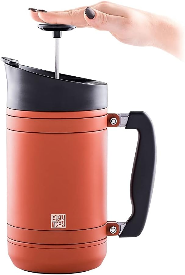 BruTrek BaseCamp Coffee Press - Double Wall Insulated Stainless Steel - Bru-Stop Technology, No Grounds in Coffee, No Spill Lid (Red Rock, 32 fl.oz)