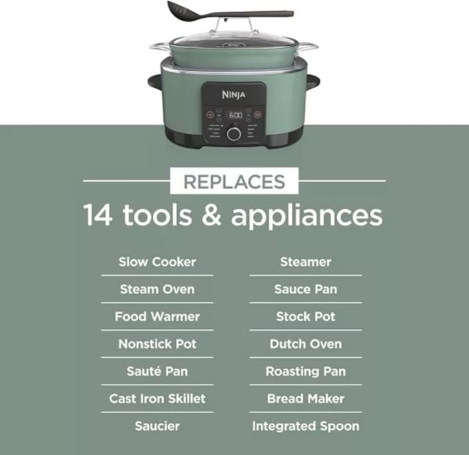 Ninja Foodi PossibleCooker PRO 14-in-1 8.5 Qt Multi-Cooker – Replaces 14 Tools, Nonstick Pot, Glass Lid & Integrated Spoon (Sage Green)