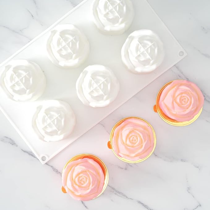 Pastry Tek 6 Cavities Rose Baking Mold, 1 Oven-Ready 3D Rose Mold - Flexible, Freezable, White Silicone Chocolate Mold, Easy Release, For Making Candies or Chocolates - Restaurantware