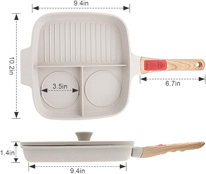 3 Section Grill Pan for Stove Tops with Detachable Handle, Nonstick Versatile Griddle Pan with Lid, Square Skillet PFOA Free, White