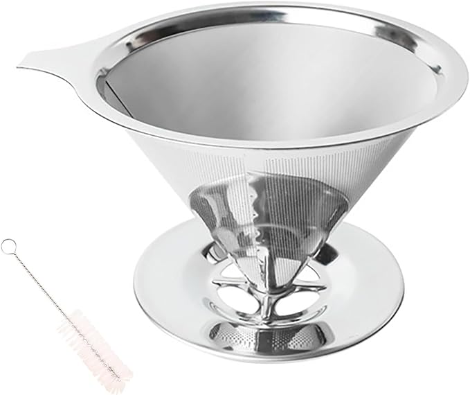 Pour Over Coffee Dripper Stainless Steel Coffee Filter Metal Cone Filter Extra Fine Wire Mesh Reusable Coffee Filter Coffee Maker (Silver, 1-6 Cups)
