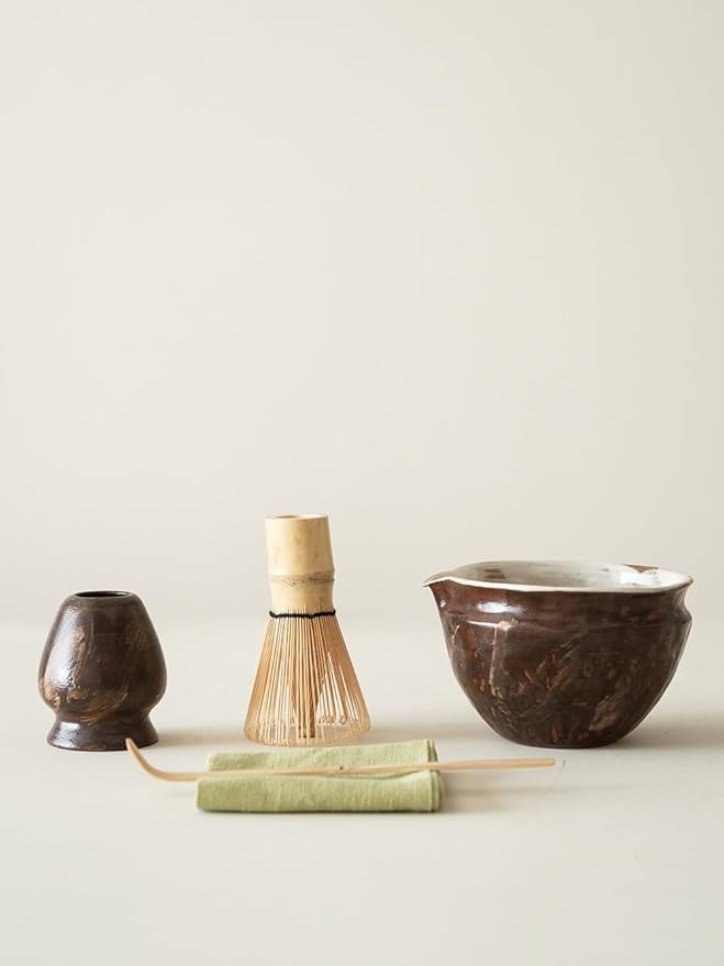 6-pcs Japanese Matcha Whisk Set with Handmade Wabi-Sabi Ceramic Bowl(Chawan),Bamboo Chasen, Whisk Holder, Scoop, Sifter & Tea Towel,Matcha Ceremony Kit,(Silent taupe)