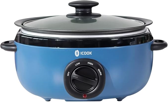 ICOOK USC-65-OP001BL 6.5 Quart Slow Cooker,Aluminium Sear/Sauté Stew Pot Stovetop safe,Dishwasher Safe,Glass Lid,Adjustable Temp,Food Warmer(Blue)