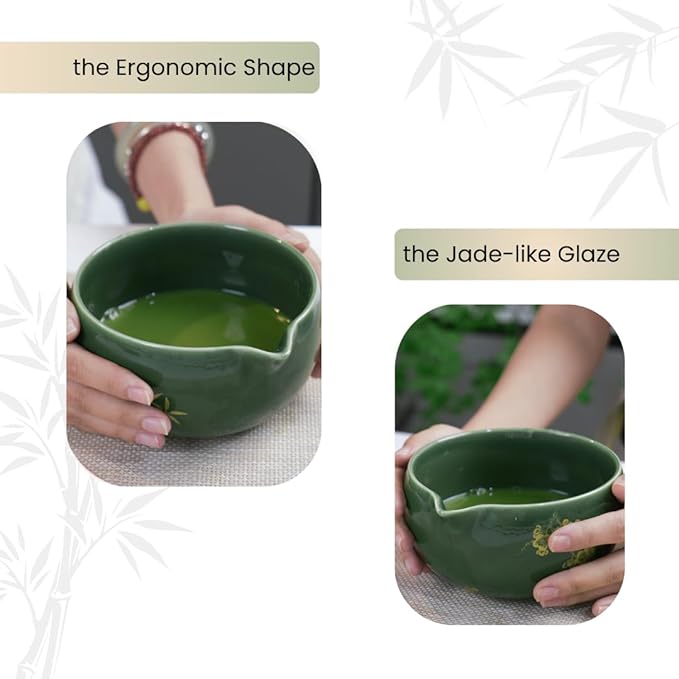 Matcha Whisk Set, Ceramic Bowl with Spout, Matcha Whisk & Holder, Bamboo Scoop & Spoon, Scoop Rest, Sifter, Towel, 8 Pcs Complete Kit for Tea Ceremony, Gift for Friend/Family(Green)