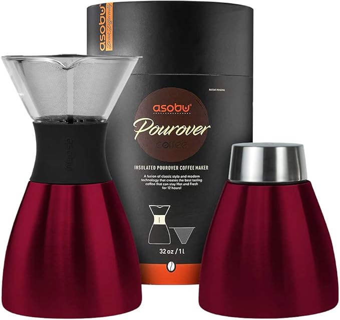 asobu Insulated Pour Over Coffee Maker (32 oz.) Double-Wall Vacuum, Stainless-Steel Filter and Take on the Go Carafe (Burgundy)