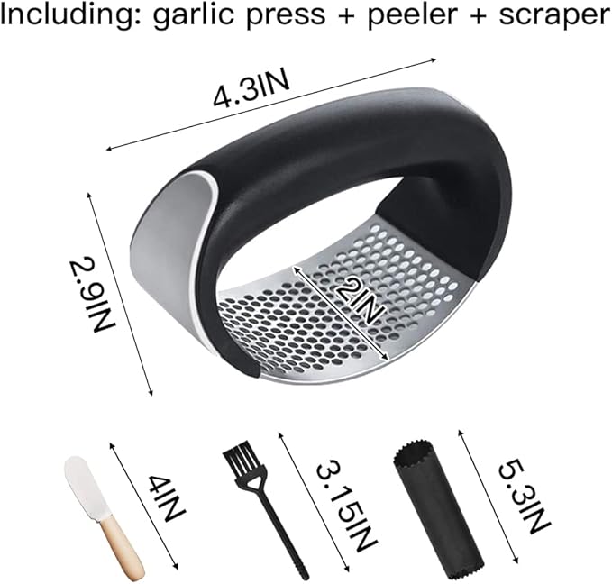 Stainless Steel Garlic Smash, Press Rocker Mincer/ Crusher/ Chopper with Peeler and Scraper Brush