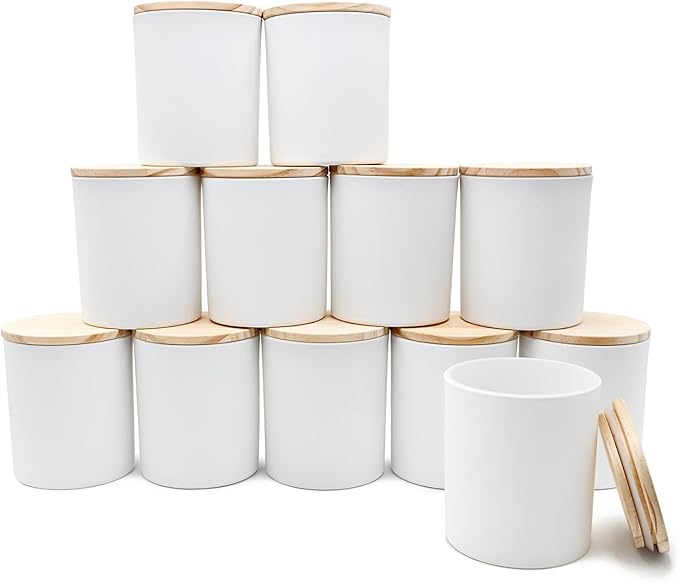 14 OZ Thick Candle Jars for Making Candles 12 Pcs, 3 Wick Empty Jars with Wood Lids for Candle Making, Sample Container,Matte White