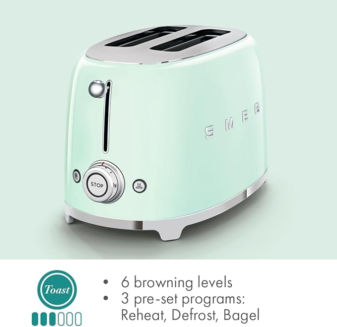 SMEG 2 Slice Toaster with 6 Presets and Defrost Function and Removable Crumb Tray TSF01PGUS, Pastel Green