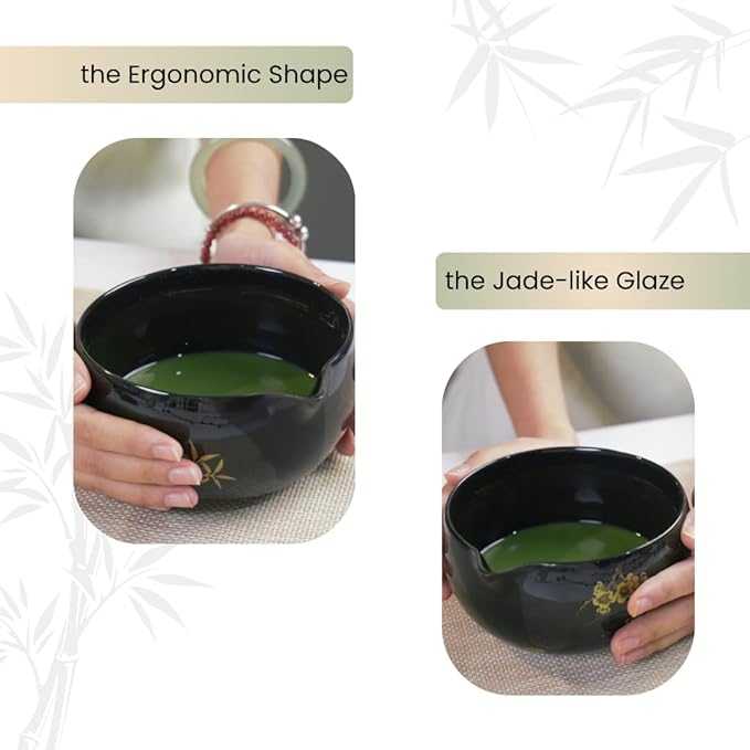 Matcha Whisk Set, Ceramic Bowl with Spout, Matcha Whisk & Holder, Bamboo Scoop & Spoon, Scoop Rest, Sifter, Towel, 8 Pcs Complete Kit for Tea Ceremony, Gift for Friend/Family(Black)
