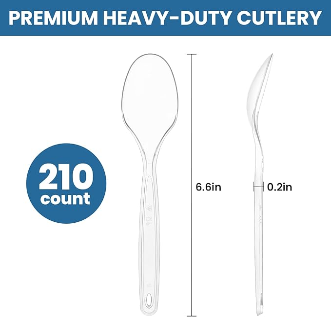 [210 Count] Clear Plastic Utensils 210 Disposable Spoons Silverware Bulk Spoons Bulk Heat Resistant Heavy Duty Silverware