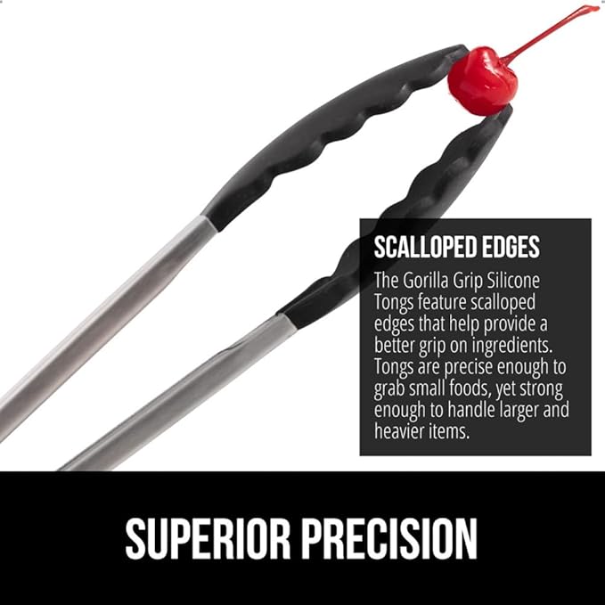GORILLA GRIP Stainless Steel Heat Resistant Kitchen Tongs for Cooking, 12 + 14 Inch Set of 2 BBQ Tong, Non Scratch Silicone Tip for Pan, Strong Grip, Grab Food, Toss Salad, Air Fryer, Pull Lock, Black