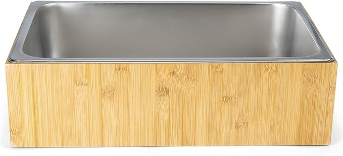 Displays2go 21" x 6.5" Ice Housing Tray - Bamboo and Steel Ice Housing Container - Removable Tray for Display Buffets - Bamboo (FSIHWOODL)