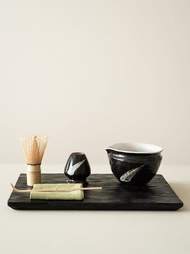 6-pcs Japanese Matcha Whisk Set with Handmade Wabi-Sabi Ceramic Bowl(Chawan),Bamboo Chasen, Whisk Holder, Scoop, Sifter & Tea Towel,Matcha Ceremony Kit,(Ink Cloud)