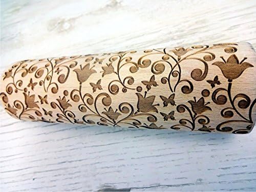 Rolling pin BELLFLOWER. Wooden embossing rolling pin with Oriental flowers. Embossed cookies. Pottery. Birthday gift. Gift for mother