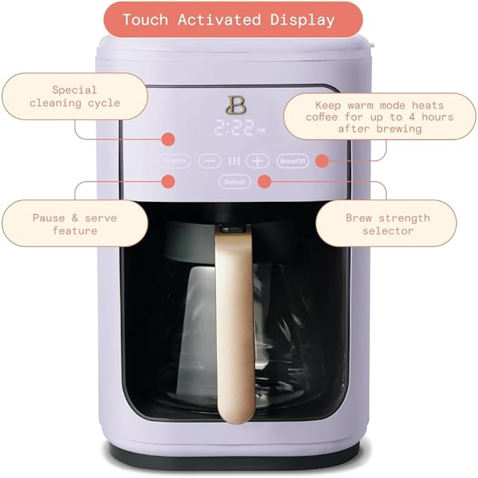 Beautiful by Drew Barrymore 14-Cup Programmable Drip Coffee Maker, Touch-Activated Display, Fast 14-Min Brew, Bold Strength, Keep Warm 4hrs, Gold Filter (Lavender)