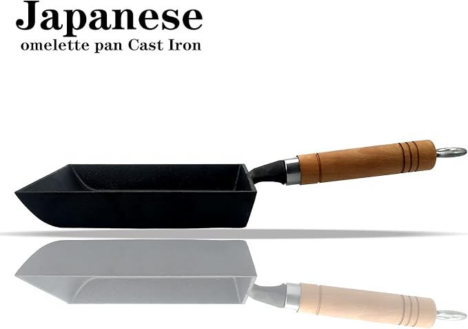 Tamagoyaki Japanese Omelette Pan Cast Iron with Wooden Lid, Square Japanese Egg Pan, Rectangle Tamago Pan with Spatula & Chopsticks 7” x 6” (Black)