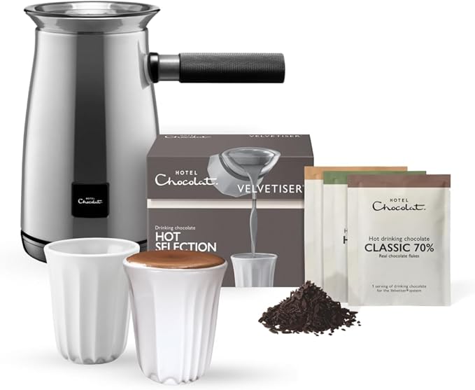 Hotel Chocolat Velvetiser - In-Home Hot Chocolate Machine - Barista-Grade Hot Chocolate Maker - Platinum Edition - 2 Ceramic Podcups & 10 Single-Serve Sachets
