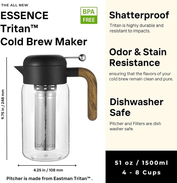 LAFEECA Cold Brew Coffee Maker - Iced Tea Brewer with Airtight Lid - Stainless Dual Ultra Filter - Tritan Pitcher - 1500 ml / 51 oz - Black
