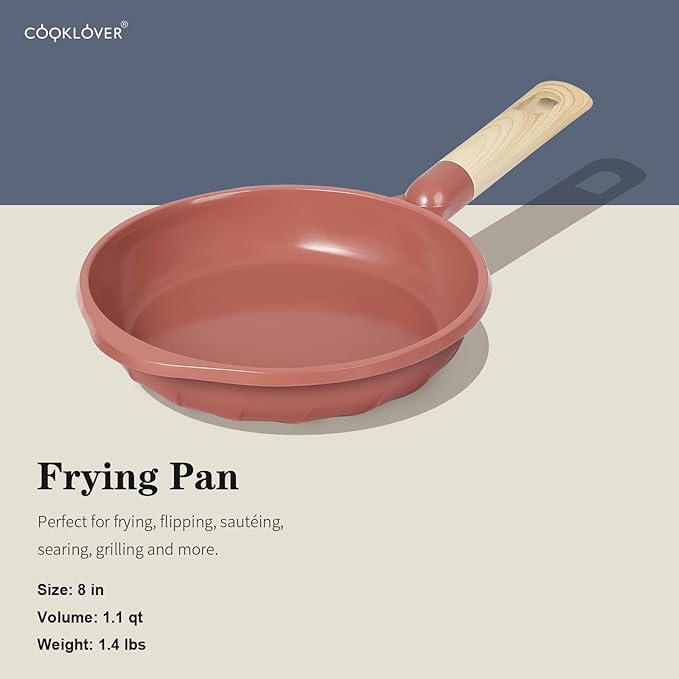 COOKLOVER Nonstick Frying Pan 100% PFOA Free Cookware Induction Skillet Stir Fry Pan (Coral, 7.9 inch)
