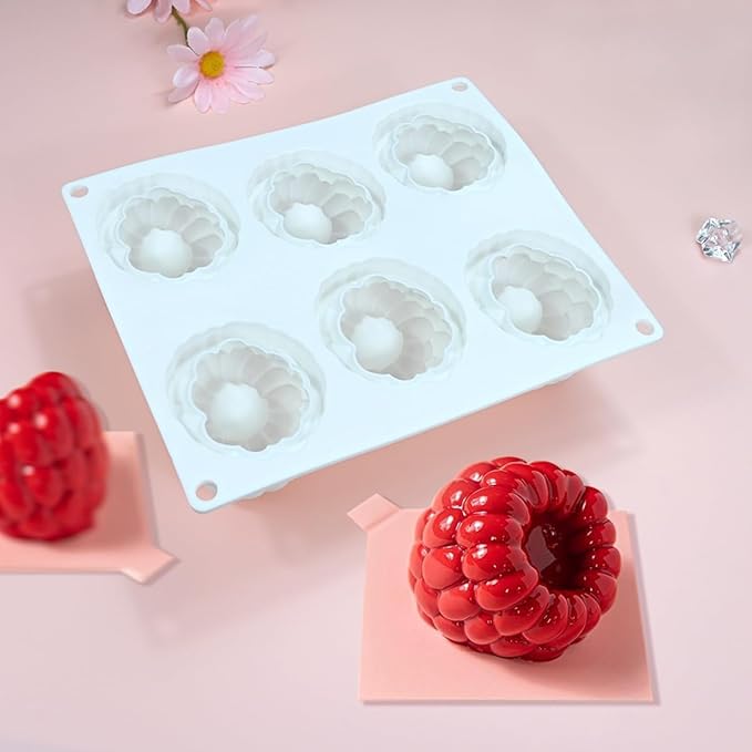 mostsom Silicone Dessert Mold, 6-Cavity Raspberry Pattern Chocolate Mousse Cake Mold, Flexible Baking Mold for Candy, Jelly, Ice Cube (B_ Raspberry)