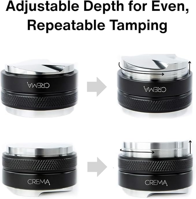 Crema Coffee Products 58mm Hand Tamper & Coffee Distributor | Compatible with Flair Pro and Pro 2 Portafilter | Double-Sided, Adjustable Depth Tool | Made with Durable 304 Stainless Steel | Silver