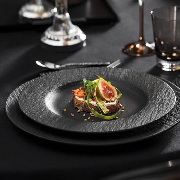 Villeroy & Boch Manufacture Rock 4-Piece Place Setting, Dinner Plate, Salad Plate, Rice Bowl, Pasta Bowl, Premium Porcelain, Made in Germany, Matte Black