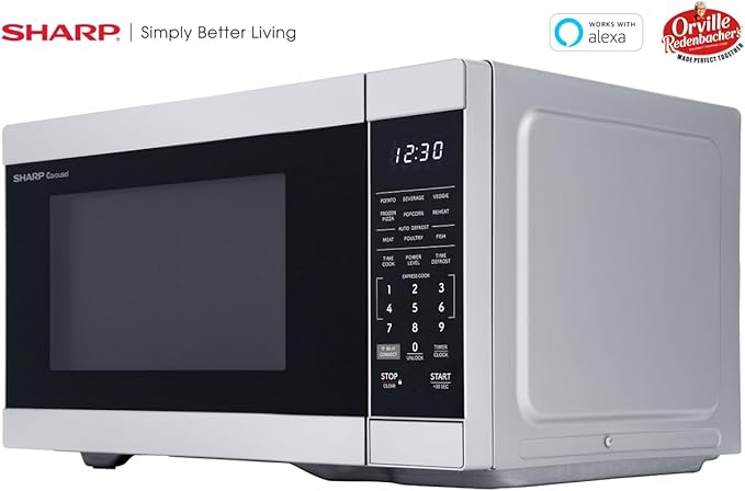 SHARP Countertop Microwave Oven Compatible with Alexa Orville Redenbacher's Certified with Removable 12.4" Carousel Turntable, 1000 Watt, 1.1 Cubic Feet, Stainless Steel