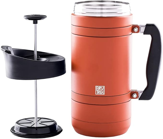 BruTrek BaseCamp Coffee Press - Double Wall Insulated Stainless Steel - Bru-Stop Technology, No Grounds in Coffee, No Spill Lid (Red Rock, 48 fl.oz)
