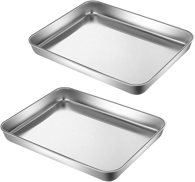 Small Cookie Baking Sheet Pans Stainless Steel 304 Little Serving Tray 10.4 x8.1 x1.1Inch (Diagonal 12.3) Reheat Food Small Items No Rust Dishwasher Safe for 2 Person 2 Pack
