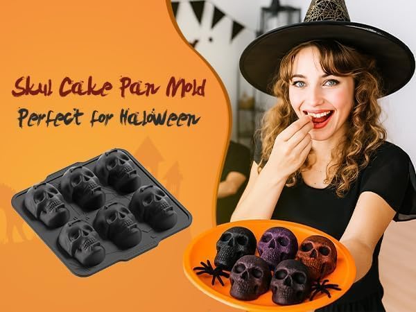 Skull Cake Pan with Metal Reinforced Frame - Spill-Proof & Sturdy 6-Cavity 3D Halloween Silicone Mold, Easy to Handle & Release for Cake, Chocolate, Jello