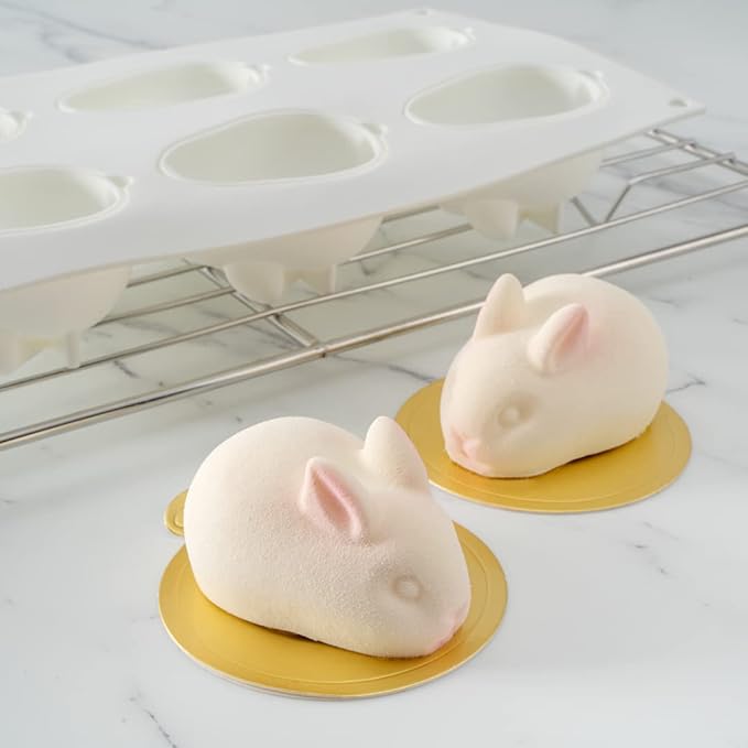 Pastry Tek 6 Cavities Chocolate Bunny Mold, 1 Oven-Ready Easter Candy Mold - Flexible, Freezable, White Silicone Bunny Pan, Easy Release, For Baking - Restaurantware