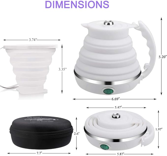 Upgrade Travel Kettle, ShineMe Food Grade Silicone Dual Voltage 110-220V Ultrathin Portable Electric Water Kettle with Cup, Universal Adaptor and Detachable Power Cord, 555ML (White)