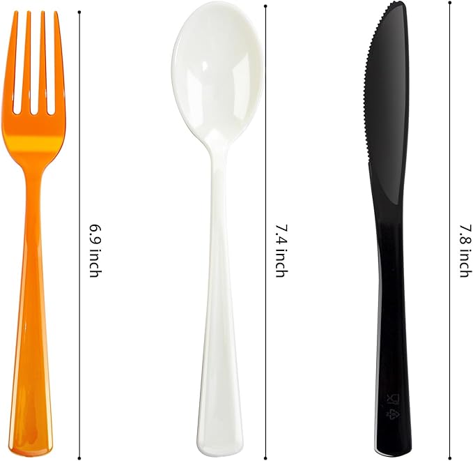 NOCCUR 180PCS Halloween Plastic Silverware Set - Tricolor Flatware Disposable Supplies Include 60 Black Knives, 60 Orange Forks, 60 White Spoons - Ideal for Thanksgiving Party