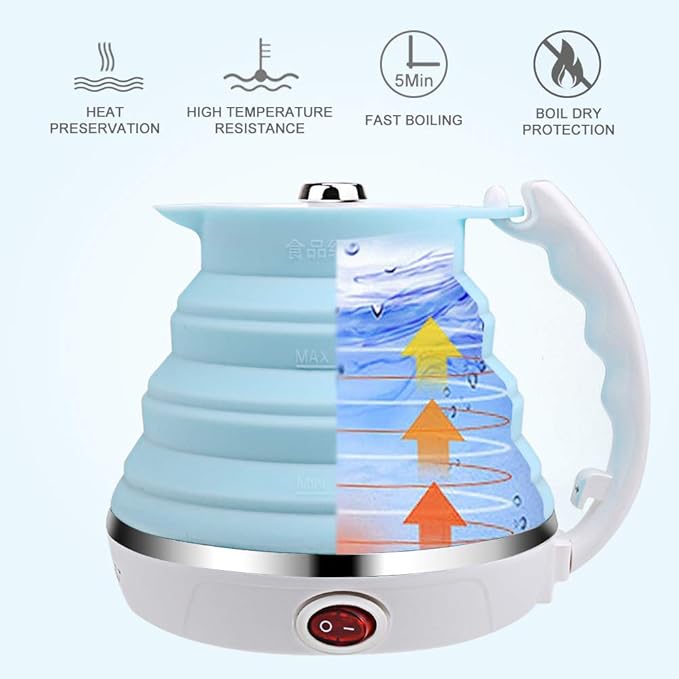 Upgrade Travel Kettle, ShineMe Food Grade Silicone Dual Voltage 110-220V Ultrathin Portable Electric Water Kettle with Cup, Universal Adaptor and Detachable Power Cord, 555ML (Blue)