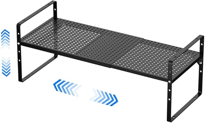 Expandable Counter Shelf, Adjustable Height Spice Rack Metal Mesh Board Shelf Organization for Kitchen Pantry Bathroom Office -Black