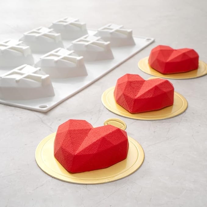 Pastry Tek 8 Cavities Diamond Heart Molds, 10 Oven-Ready Geometric Heart Molds - Flexible, Freezable, White Silicone Heart Baking Molds, Easy Release, For Baking - Restaurantware