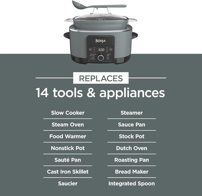 Ninja Foodi 8-in-1 Everyday Possible Cooker PRO 8.5-Quart Multi-Cooker with Glass Lid, Slow Coorker Integrated Spoon, and Non-Stick, Oven-Safe Pot,Sea Salt Grey