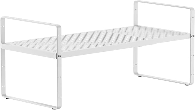 Expandable Cabinet Countertop Shelves 16.5-27’’L, Adjustable Metal Spice Rack Organizer, Stackable Kitchen Counter Storage Shelves Organizers for Cabinet Organization, White