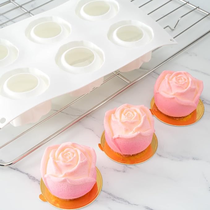 Pastry Tek 6 Cavities Rose Baking Mold, 1 Oven-Ready 3D Rose Mold - Flexible, Freezable, White Silicone Chocolate Mold, Easy Release, For Making Candies or Chocolates - Restaurantware