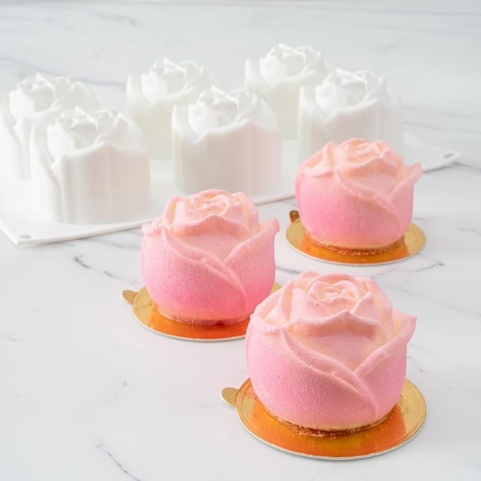 Pastry Tek 6 Cavities Rose Baking Mold, 1 Oven-Ready 3D Rose Mold - Flexible, Freezable, White Silicone Chocolate Mold, Easy Release, For Making Candies or Chocolates - Restaurantware
