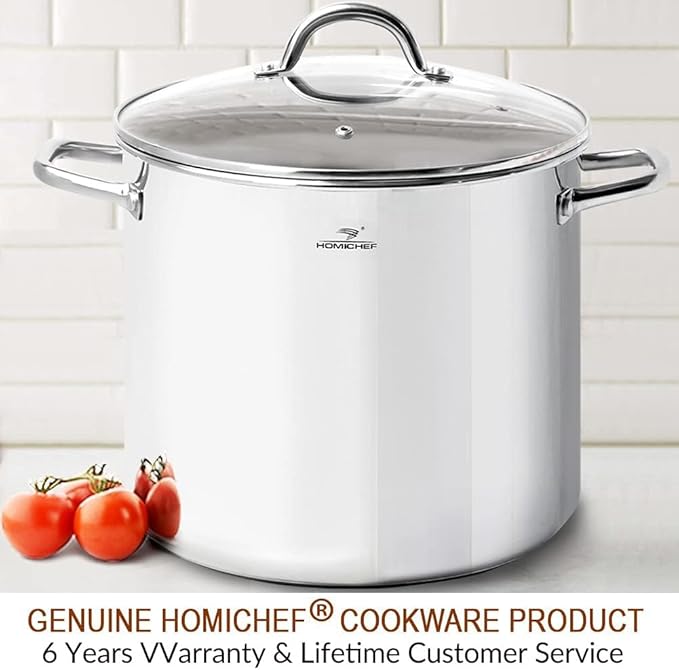 HOMICHEF 16 Quart LARGE Stock Pot with Glass Lid - NICKEL FREE Stainless Steel Healthy Cookware Stockpots with Lids 16 Quart - Mirror Polished Induction Cooking Pot