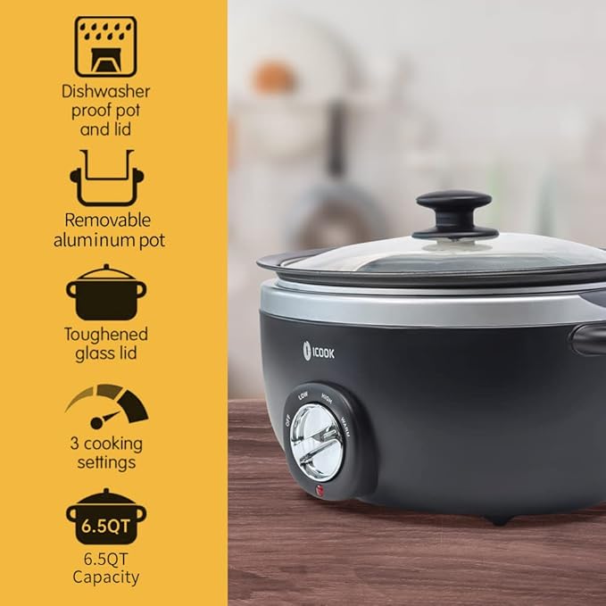 ICOOK USC-65-OP001BK 6.5 Quart Slow Cooker,Aluminium Sear/Sauté Stew Pot Stovetop safe,Dishwasher Safe,Glass Lid,Adjustable Temp,Food Warmer(Black)