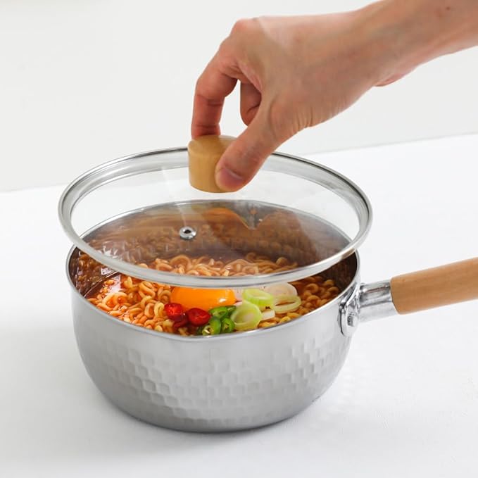 2 Quart Stainless Steel Pot With Glass Lid. Traditional Japanese Saucepan Wth Wood Handle, Multipurpose Sauce Pan With Two Side Pour Spouts & Measurement Line, Great for Ramen, Milk etc.