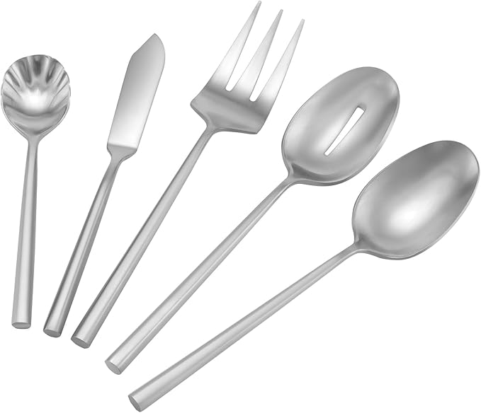 DEACORY 5-Piece Silverware Stainless Steel Matte Finished Flatware Thick Heavy Hexagon Cutlery Serving Utensils Set