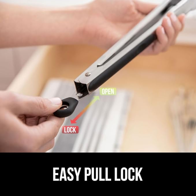 GORILLA GRIP Stainless Steel Heat Resistant Kitchen Tongs for Cooking, 12 + 14 Inch Set of 2 BBQ Tong, Non Scratch Silicone Tip for Pan, Strong Grip, Grab Food, Toss Salad, Air Fryer, Pull Lock, Black