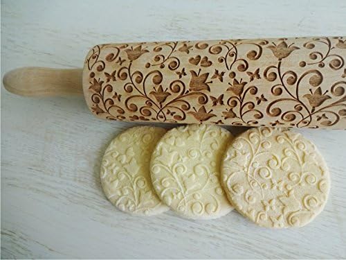 Rolling pin BELLFLOWER. Wooden embossing rolling pin with Oriental flowers. Embossed cookies. Pottery. Birthday gift. Gift for mother