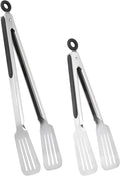 Metal Tongs for Cooking, Set of 2 Stainless Steel Spatula Tongs for Grilling, Cooking and Flipping, Strong Grip for Ribs, Steak and Fish, Comfortable Grip, Easy Pull Lock, 9 inch & 12 inch
