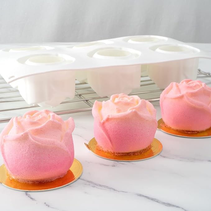 Pastry Tek 6 Cavities Rose Baking Mold, 1 Oven-Ready 3D Rose Mold - Flexible, Freezable, White Silicone Chocolate Mold, Easy Release, For Making Candies or Chocolates - Restaurantware