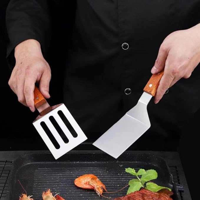 2 PCS Metal Spatula for Cast Iron Skillet, Stainless Steel Grill Spatula Slotted Turner Fish with Wood Handle Flat Top Griddle for Cooking BBQ